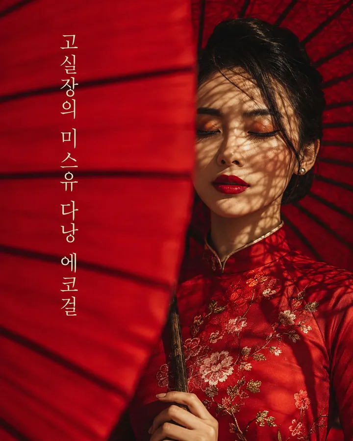베트남 전통 복장 아오자이를 입고 붉은 우산을 들고 눈을 감고 있는 여성 모델