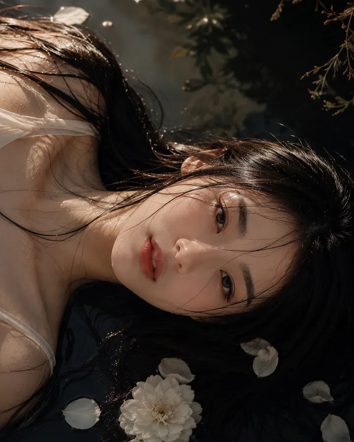 바닥에 누워서 카메라를 응시하고 있는 여성