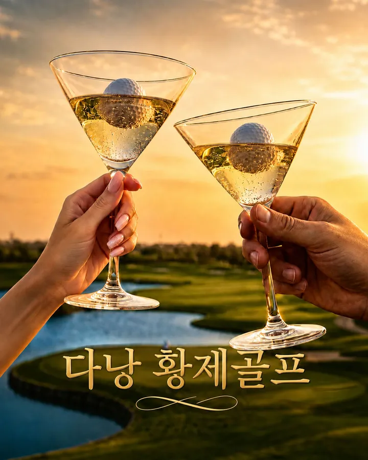 골프장 한가운데서 칵테일잔에 술과 골프공을 담아서 건배를 하는 모습