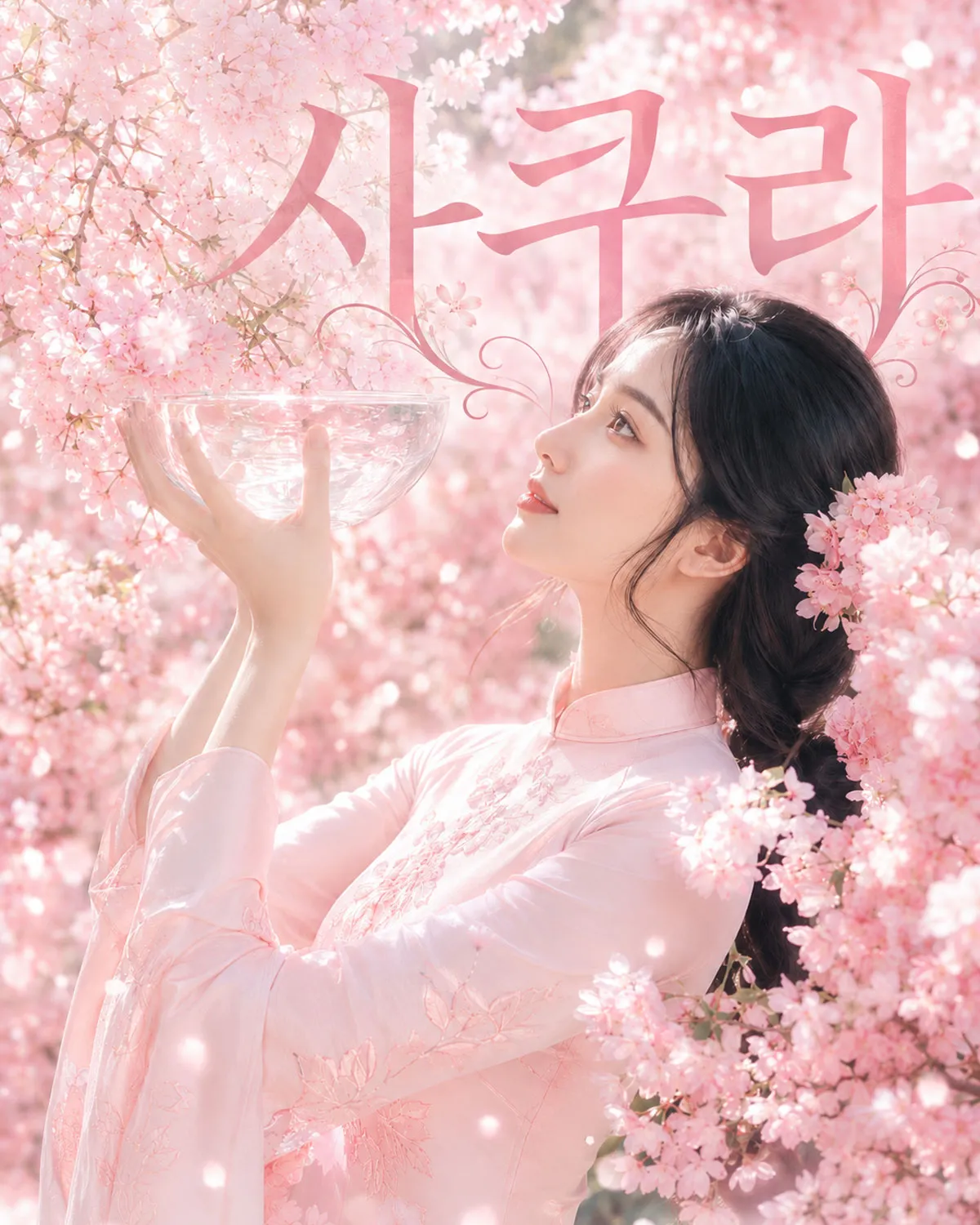 만개한 벚꽃 사이에서 유리 어항을 들고 있는 모습