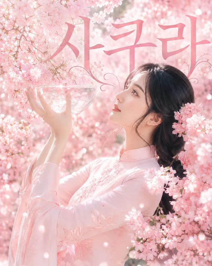 만개한 벚꽃 사이에서 유리 어항을 들고 있는 모습