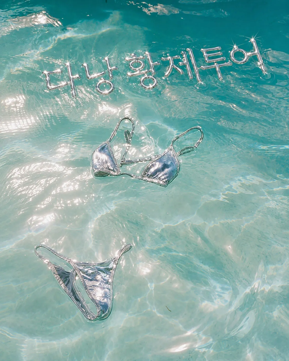수영장 위에 떠다니는 은색 비키니